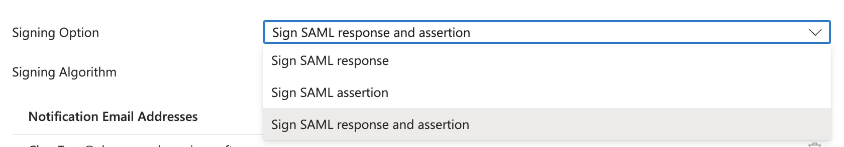 Select sign SAML response and assertion