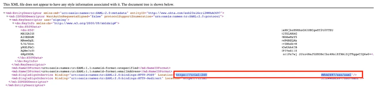 Copy SingleSignOnService location URL from metadata