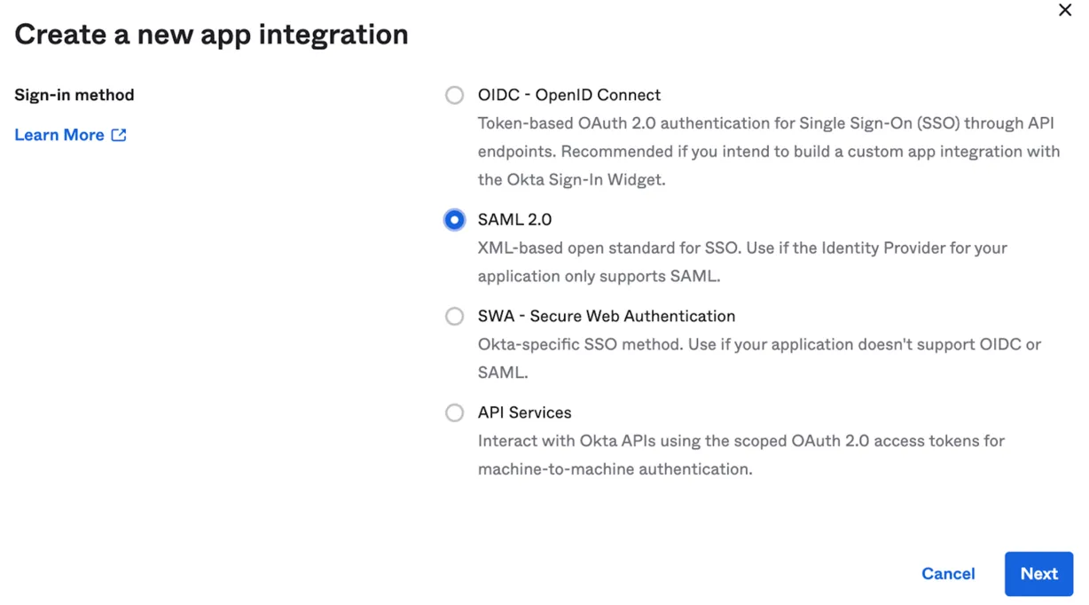 Select SAML 2.0 integration type