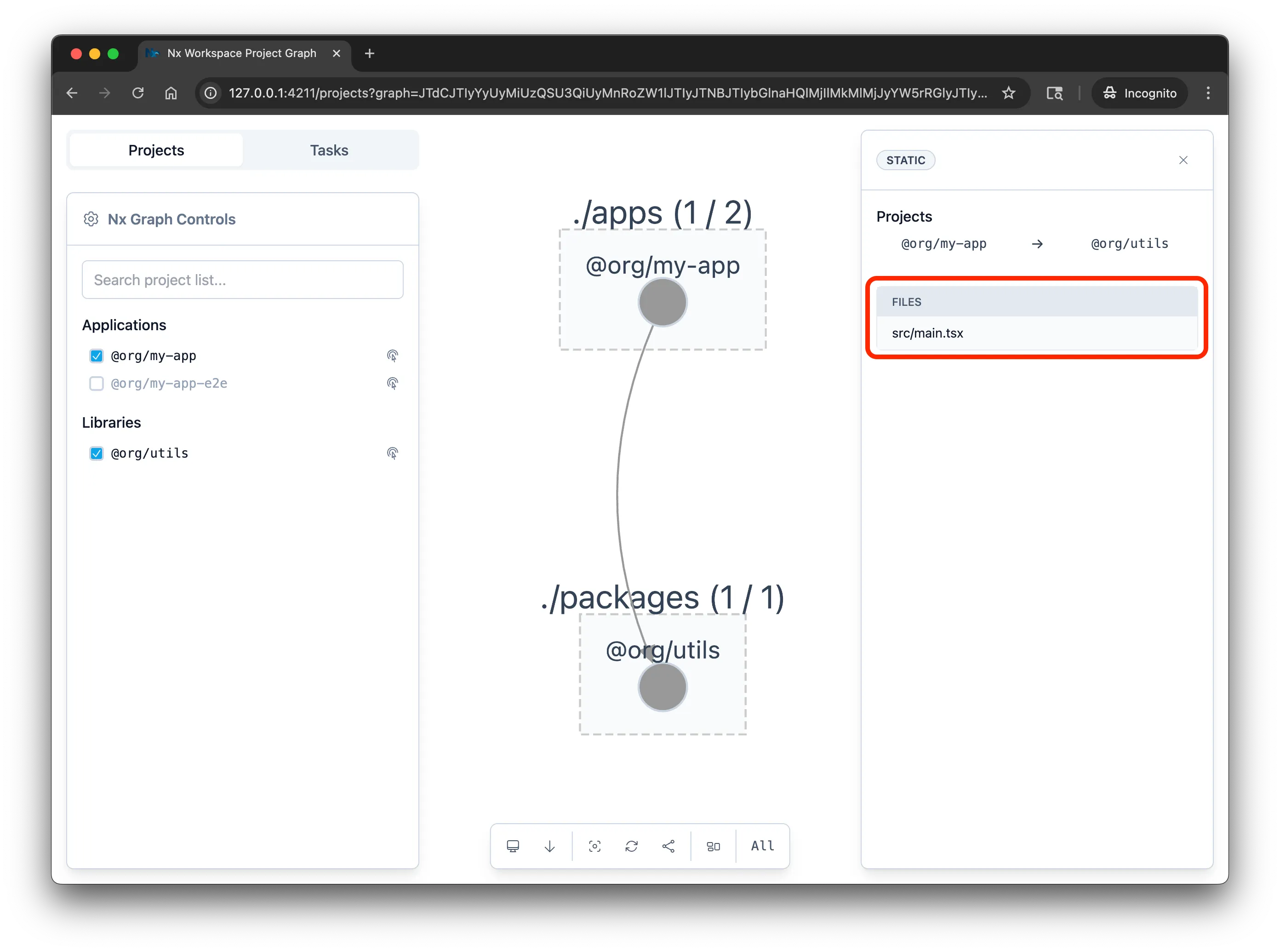 Project graph showing @my-workspace/my-app depending on @my-workspace/utils, with the edge selected and the sidebar listing the specific files that create the dependency