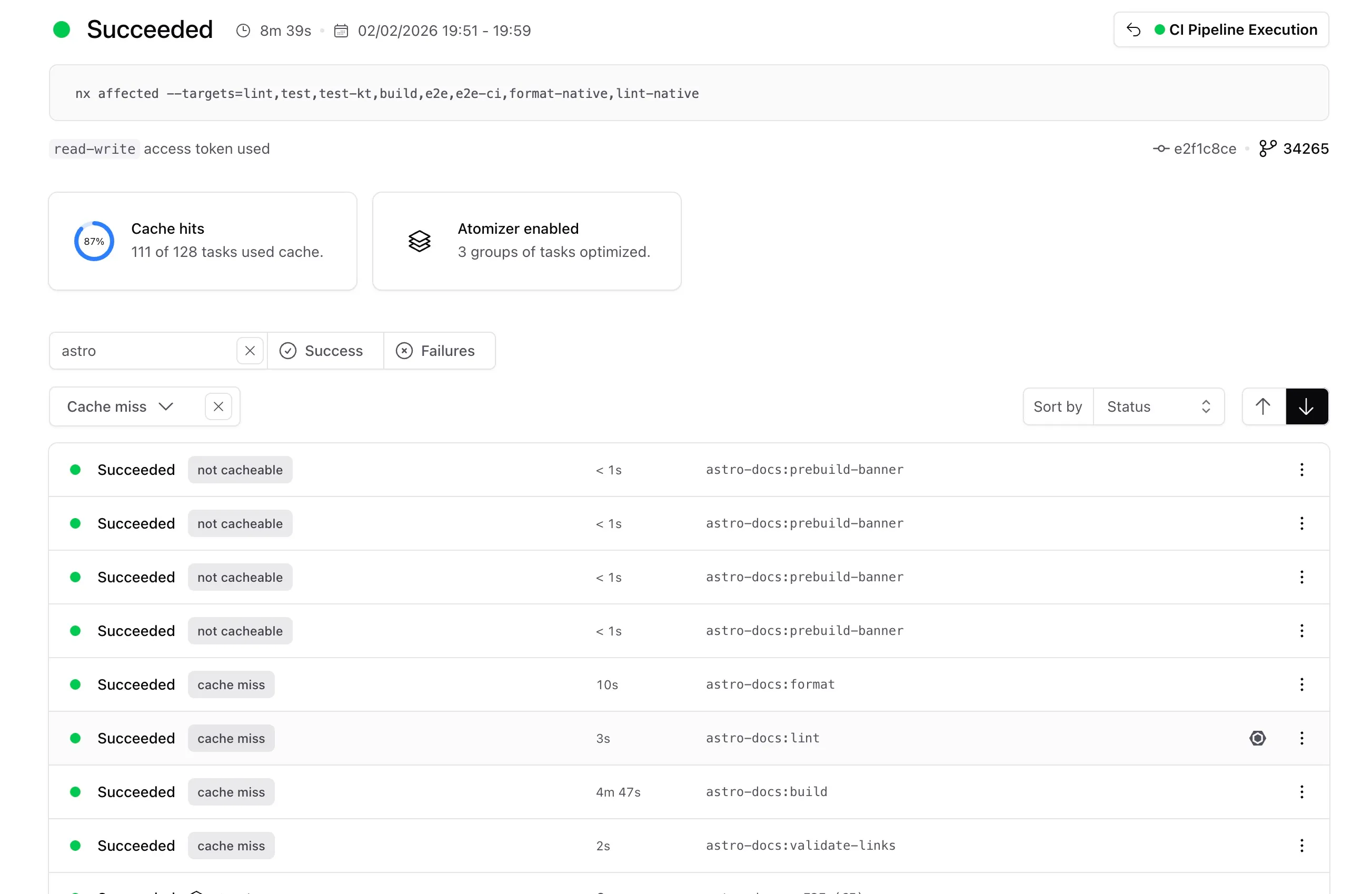 Run details page showing task list filtered by cache miss status