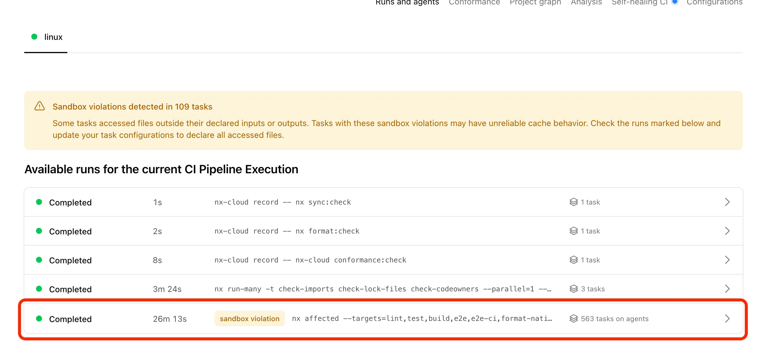 CIPE page showing sandbox violations detected in 109 tasks, with a run tagged as sandbox violation