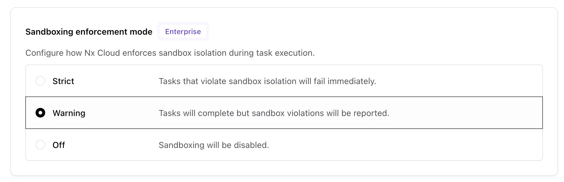 Sandboxing enforcement mode setting with Strict, Warning, and Off options